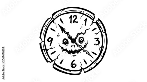 Cracked alarm clock with spooky face.