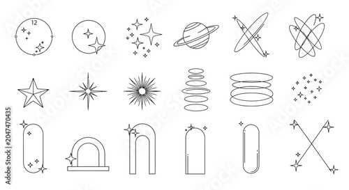 Valokuva line art astronomy symbols, space icons, celestial bodies, decorative elements