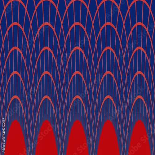 Принти на полотні Seamless geometric pattern with bold red arched lines and deep navy blue background