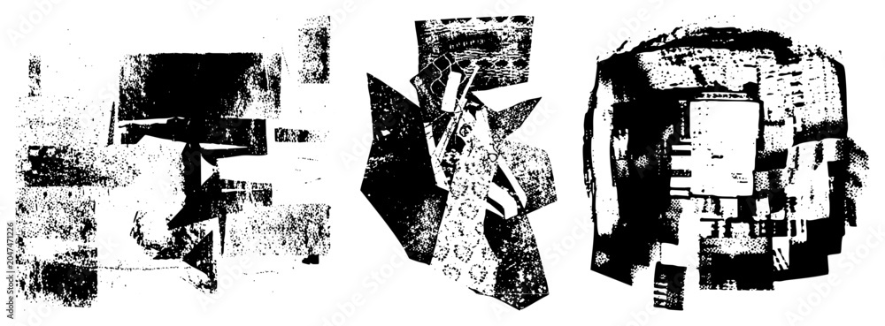 Obraz premium This gritty collage features an experimental assemblage of fragmented planes and textured shapes. This avant garde scrapwork uses a rough stencil aesthetic to create a complex visual composition.