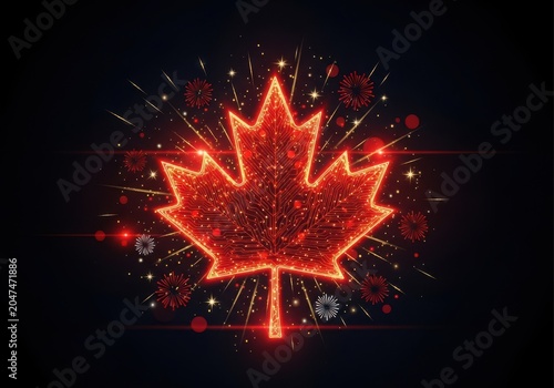 Firework explosion forming a red maple leaf shape illustration