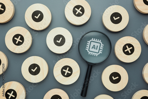 Magnifying glass highlighting an AI symbol among correct and incorrect marks  representing AI fact checking  accuracy evaluation  content verification  human oversight  and responsible AI use