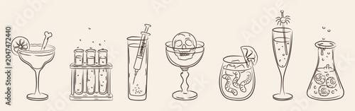 Foto Halloween cocktail vector set with margarita, kamikaze shots, midori sour, cosmo