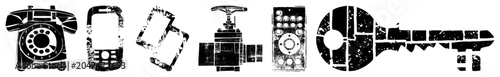 Gritty collection of a rotary phone, mobile handset, flip phone, valve, remote control, and skeleton key. These weathered silhouettes, including a classic dialer and master key, offer a distressed a