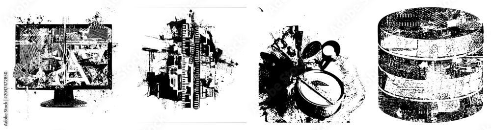 Obraz premium This experimental assemblage combines a computer monitor, some city shapes, and a tin can. These gritty junk art pieces feature a rough stencil aesthetic with heavy ink textures.