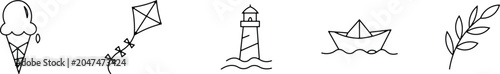 Minimalist summer icons set ice cream kite lighthouse paper boat and branch illustration
