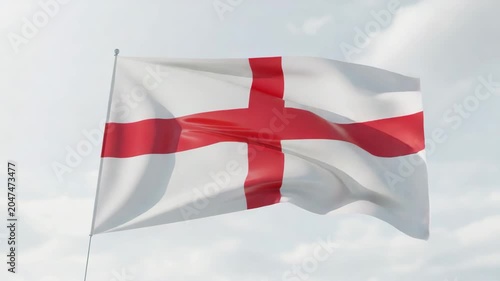 England flag waving in the wind, national flag of England with red cross on white background, British patriotic symbol against cloudy sky