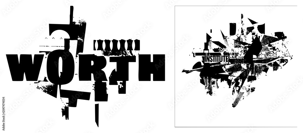 Obraz premium This edgy typographic piece features the word WORTH presented as a brutalist letterform composition. The distressed lettering and ink splatter textures create a raw, urban collage style.