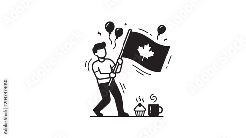 Bild auf Leinwand Man Holding Canadian Flag and Steam Lines, Cup and Cupcake Icons, Political Prot