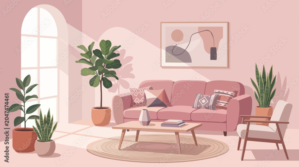 Fototapeta premium Luxury Pink Living Room Interior with Modern Furniture and Elegant Decor Vector Illustration