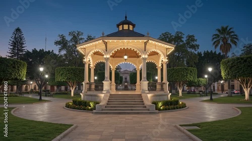 City Park Gazebo Time-Lapse from Day to Night with Lights Turning On, Urban Public Square Atmosphere and Calm Community Space Transition