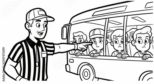 Referee instructing young athletes inside a bus.