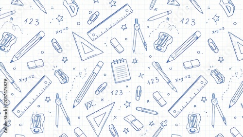 Hand Drawn School Supplies Doodle Pattern On Grid Paper