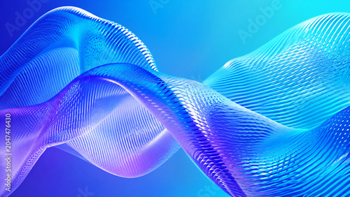 A luminous blue abstract wave flows on a bright gradient background.