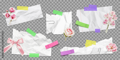 Trendy vector halftone elements for collage. Design template for social media. A set of cut out elements, notebook sheet, paper clip, sticker, flower, bow and adhesive tape for banners, posters, posts