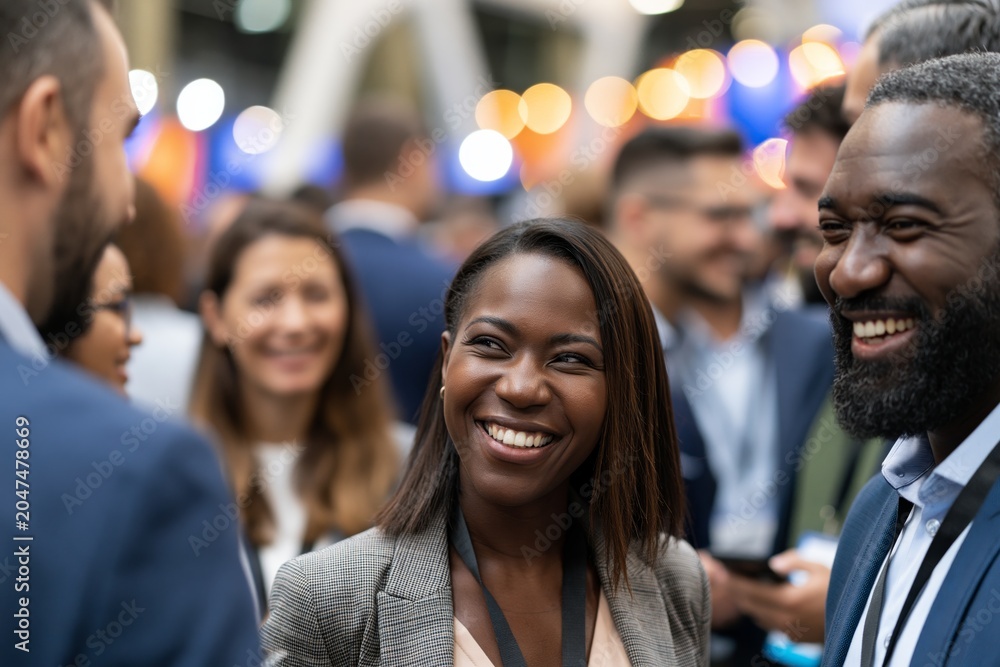 Obraz premium Close Up of Happy Audience Listening to Startup Founder at Business Exhibition Event. Smiling Business Attendees Engaged in Startup Presentation at Trade Show Event