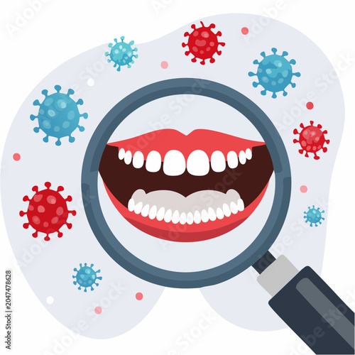 Mouth and teeth examined for viruses under a magnifying glass