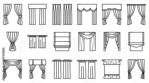 Icons representing curtain styles, drapery designs, and window treatments; visual metaphors of interior decor, elegance, and home atmosphere.