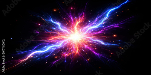 Fotografie Electric Energy Burst: A dazzling explosion of vibrant electric energy, featuring streaks of blue, pink, and purple lightning emanating from a bright central core against a dark background
