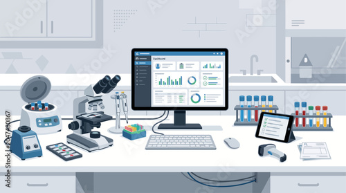 Modern scientific lab workstation in flat vector illustration, featuring advanced research equipment, test tubes, and a computer for data analysis