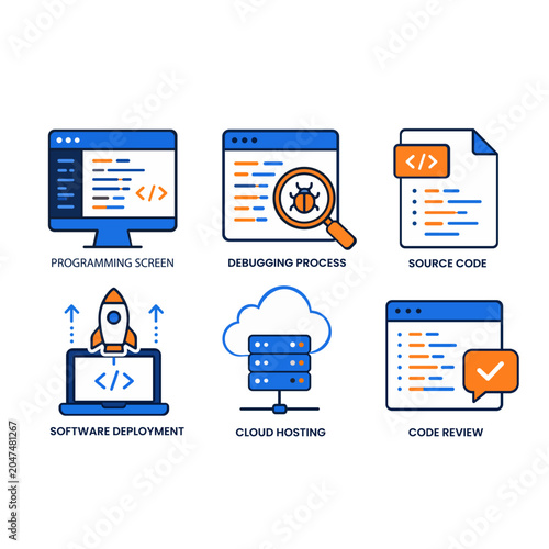 Software Development and Programming Workflow Vector Icon Set