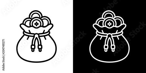 Obraz na płótnie Medieval coin pouch icon, fantasy gold bag vector symbol for treasure, loot rewa
