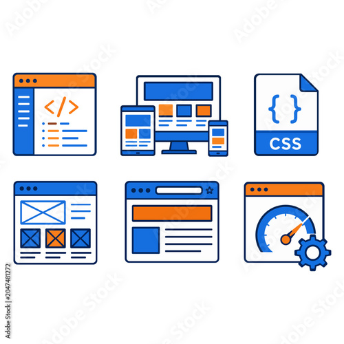Web Development and Responsive User Interface Design Icons Set