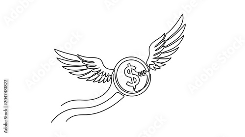 Fotografie Dollar coin with wings continuous line drawing on white background
