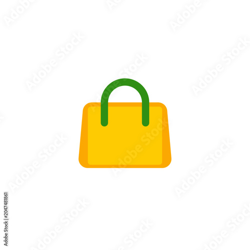 Shopping bag or handbag flat icon. Vector illustration of a simple yellow bag with green handles and rounded corners. Concept of online shopping, retail store purchase, fashion accessory.