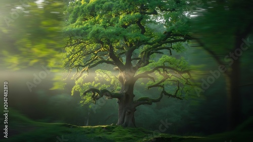 Majestic ancient oak tree with lush green foliage illuminated by soft morning sunlight and mist