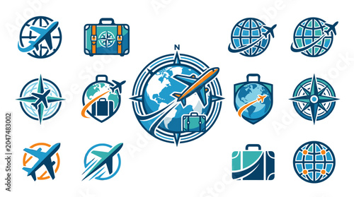 Travel icons with globe and plane.