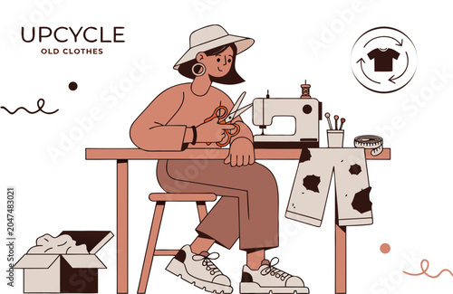Woman upcycling old clothes with sewing machine during daytime with flat design style