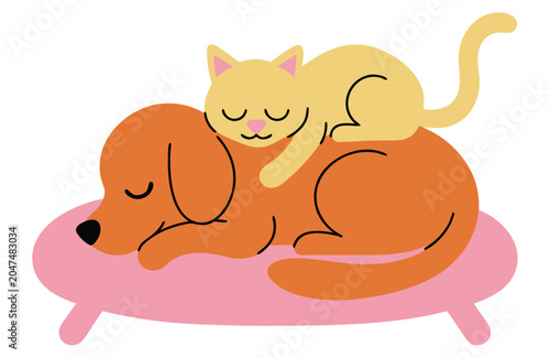 Yellow cat sleeping on an orange dog resting on a pink cushion during a peaceful daytime nap