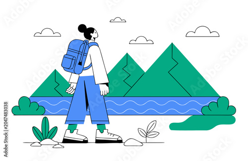 Woman with backpack walking in scenic landscape with mountains and river during daytime