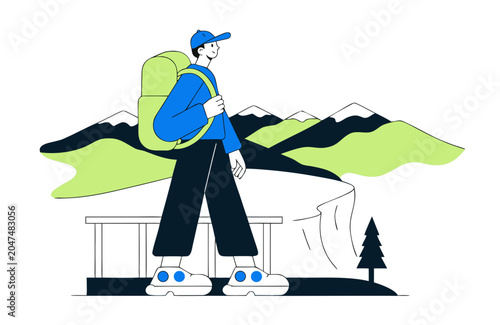 Young man with backpack walking on mountain path during scenic landscape exploration for adventure