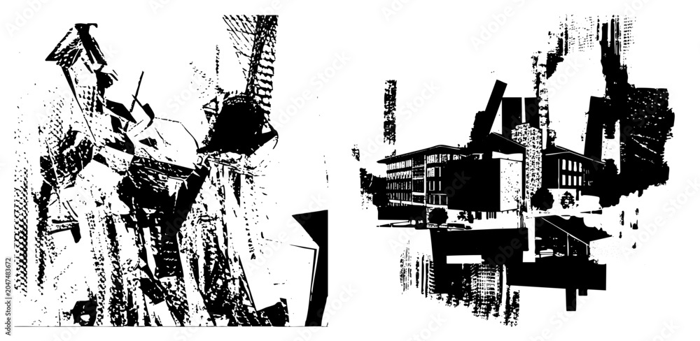 Obraz premium This gritty urban sprawl features a distorted cityscape and. These architectural fragments, or city bones, use a high contrast stencil aesthetic to create a textured scene.