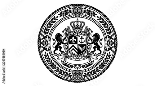 Heraldic crest with crown and lions.