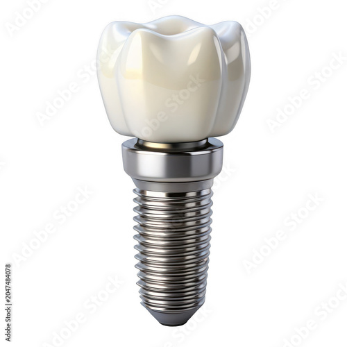 Dental implant with shiny silver screw and white ceramic tooth