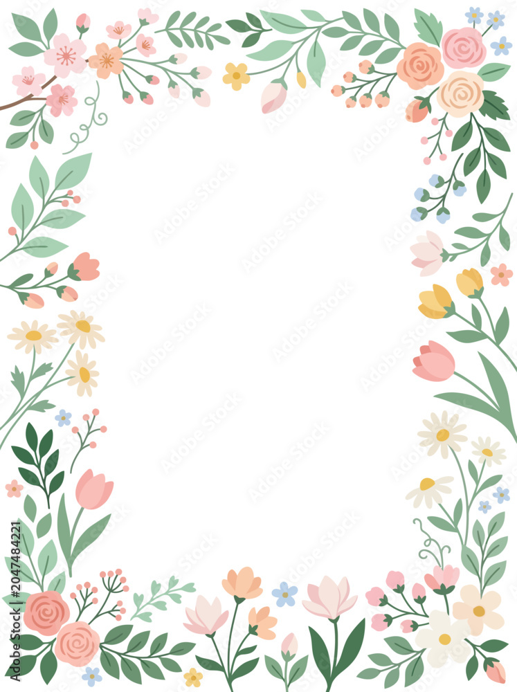 Fototapeta premium Floral border frame decorated with colorful spring flowers and green leaves on a clean white background