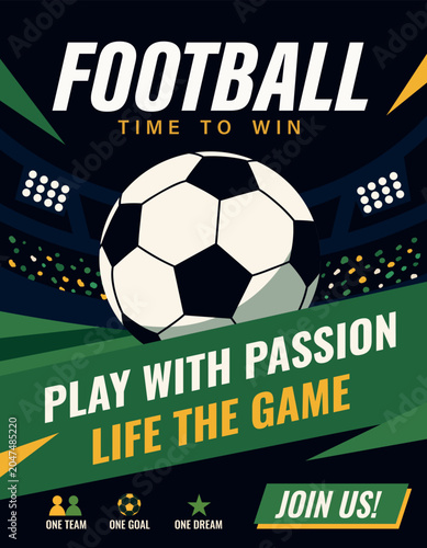 Football championship posters. Soccer ball against a stadium and field, with space for text, in a flat style. Modern vector vertical soccer themed banner for sporting events, promotional materials