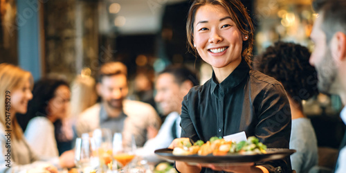 Smiling Asian waitress serving freshly prepared meals and drinks to a diverse group of happy customers in a modern restaurant, attractive female server delivering food with professional hospitality