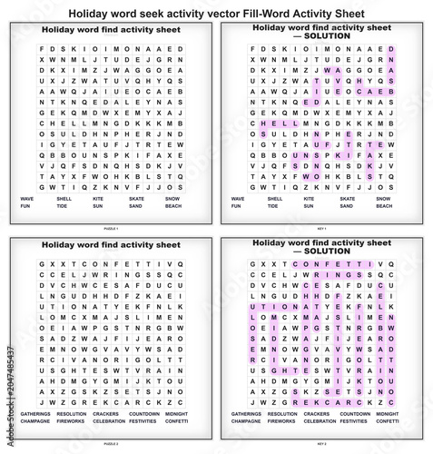 Holiday word seek activity vector Fill-Word Activity Sheet. Printable word puzzle grid with L-shaped and straight word placement. Summer and winter holiday vocabulary for students and adults