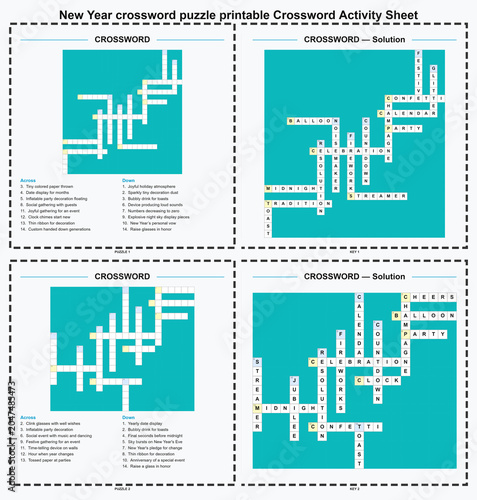 New Year crossword puzzle printable Crossword Activity Sheet. Two puzzle set with answer keys. Classroom and homeschool vocabulary activity for students