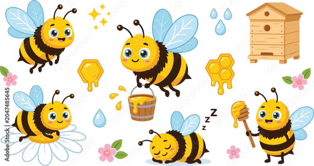 Fototapeta premium Cute Kawaii Honey Bee Character Set with Wooden Hive Dipper Honeycomb Bucket Flower and Sleeping Insect for Beekeeping Vector Illustration