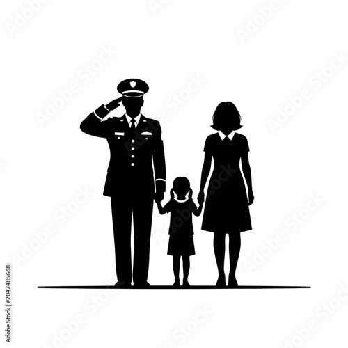 Silhouette of a military man saluting with his family.