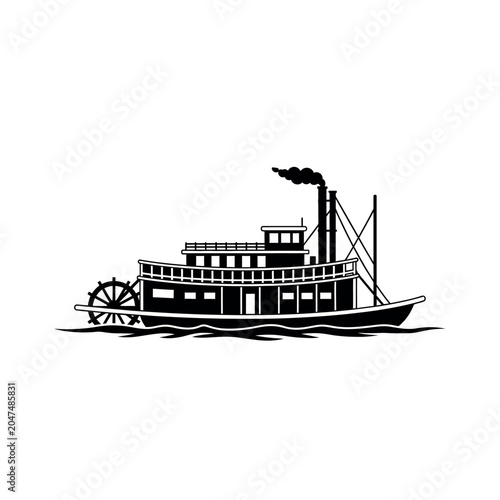 Tablou pe pânză Silhouette of a vintage paddlewheel steamboat sailing on water.