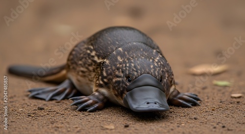 Platypus rests on the damp earth while displaying its unique bill and webbed feet in a natural habitat.