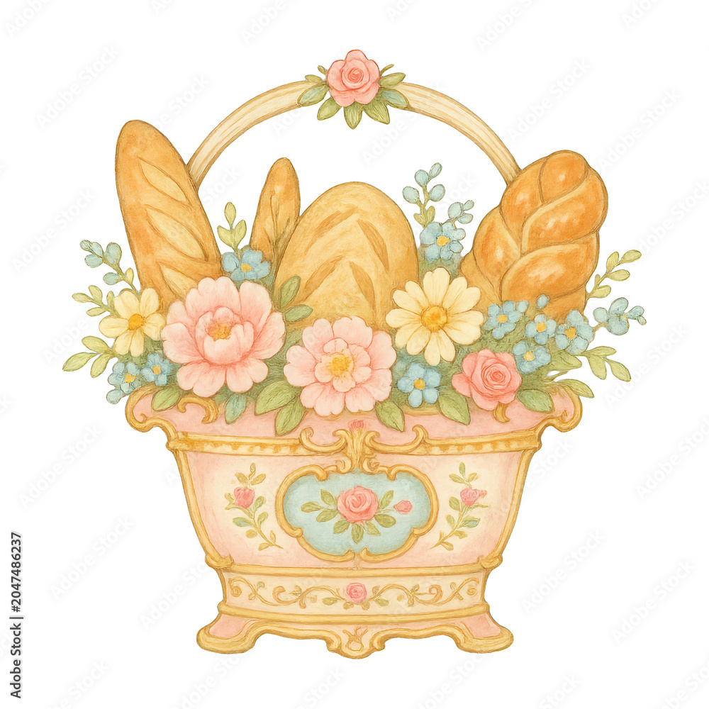 Obraz premium PNG Vintage floral bread basket illustration.