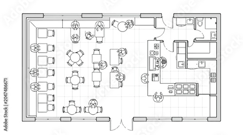 Architectural floor plan vector of a restaurant layout, professional cafe interior design blueprint, commercial kitchen and dining area top view