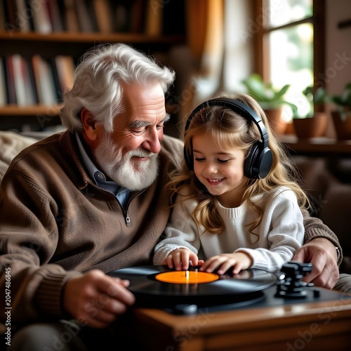 grandfather and granddaughter sharing a nostalgic moment while listening to a record player